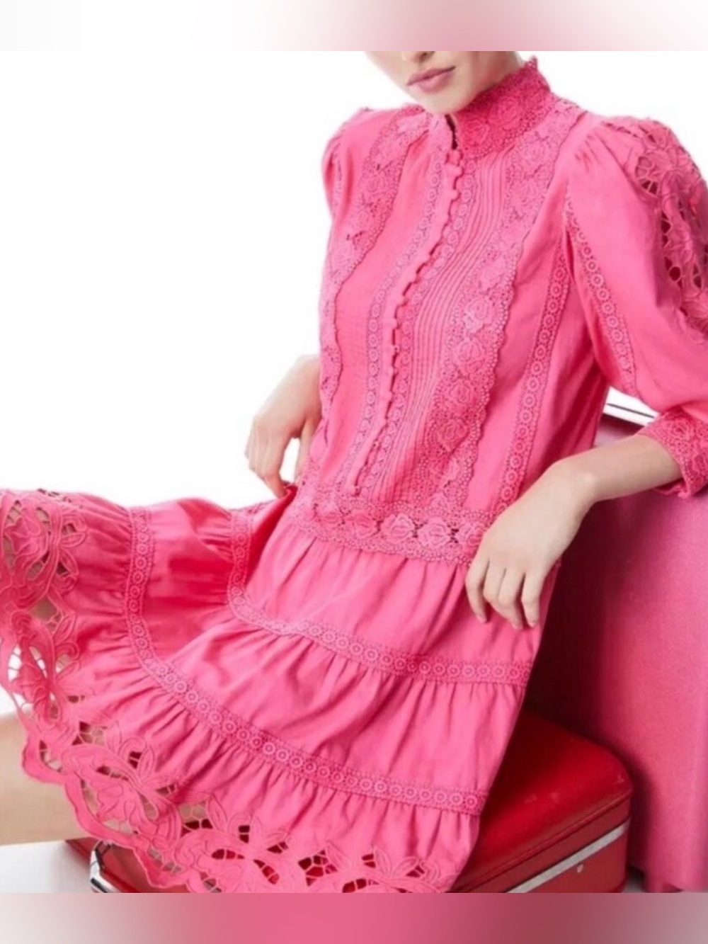 💖 Alice + Olivia Clark Pink Cotton Mini Dress Scalloped Lace Trim Size 14